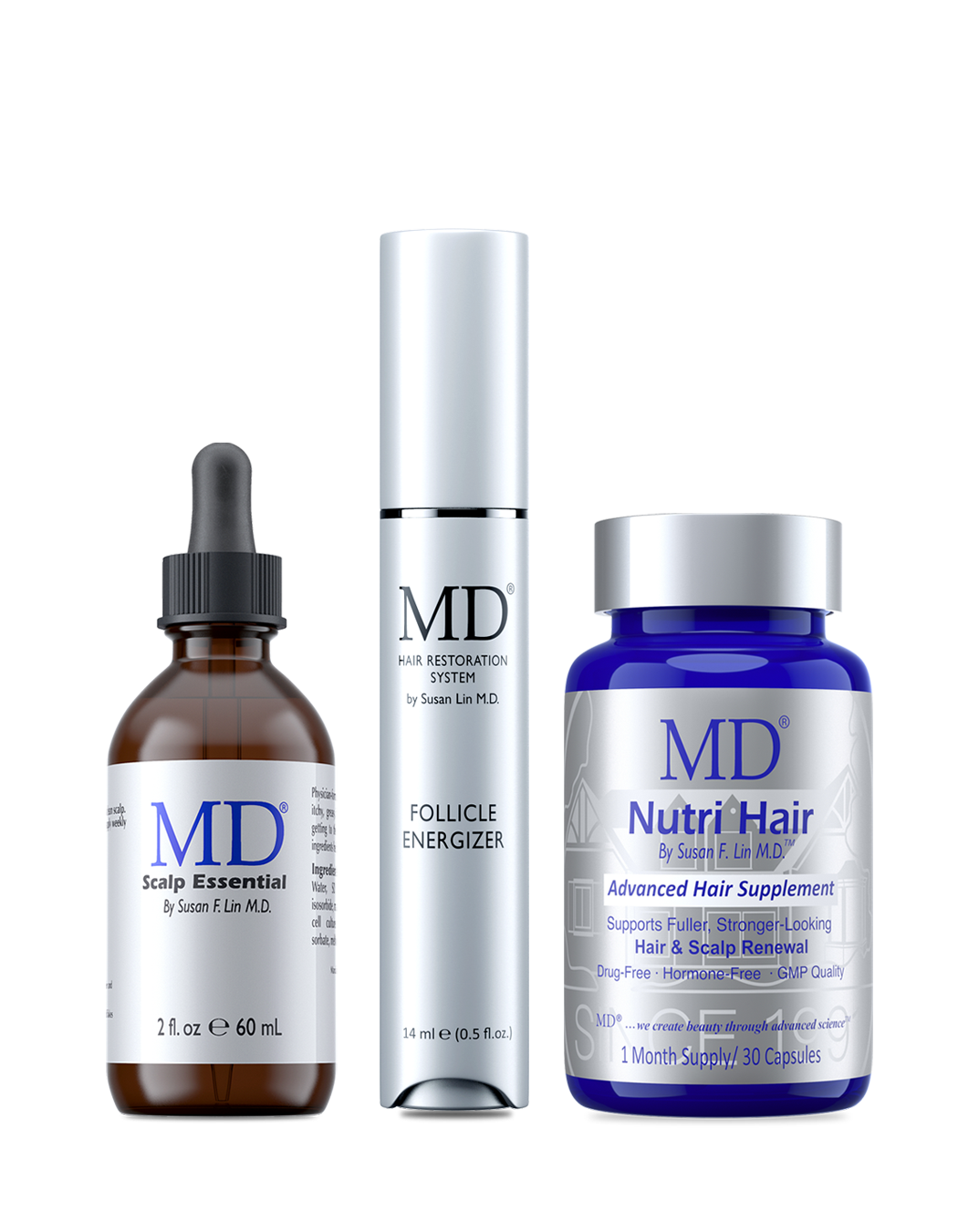 MD Hair™ Restoration Kit — the complete physician-formulated multi-pathway system: Follicle Energizer, Revitalizing Treatment Shampoo, Conditioner, and Nutri Hair, designed for the full hair growth cycle assessment window by Dr. Susan Lin, M.D.