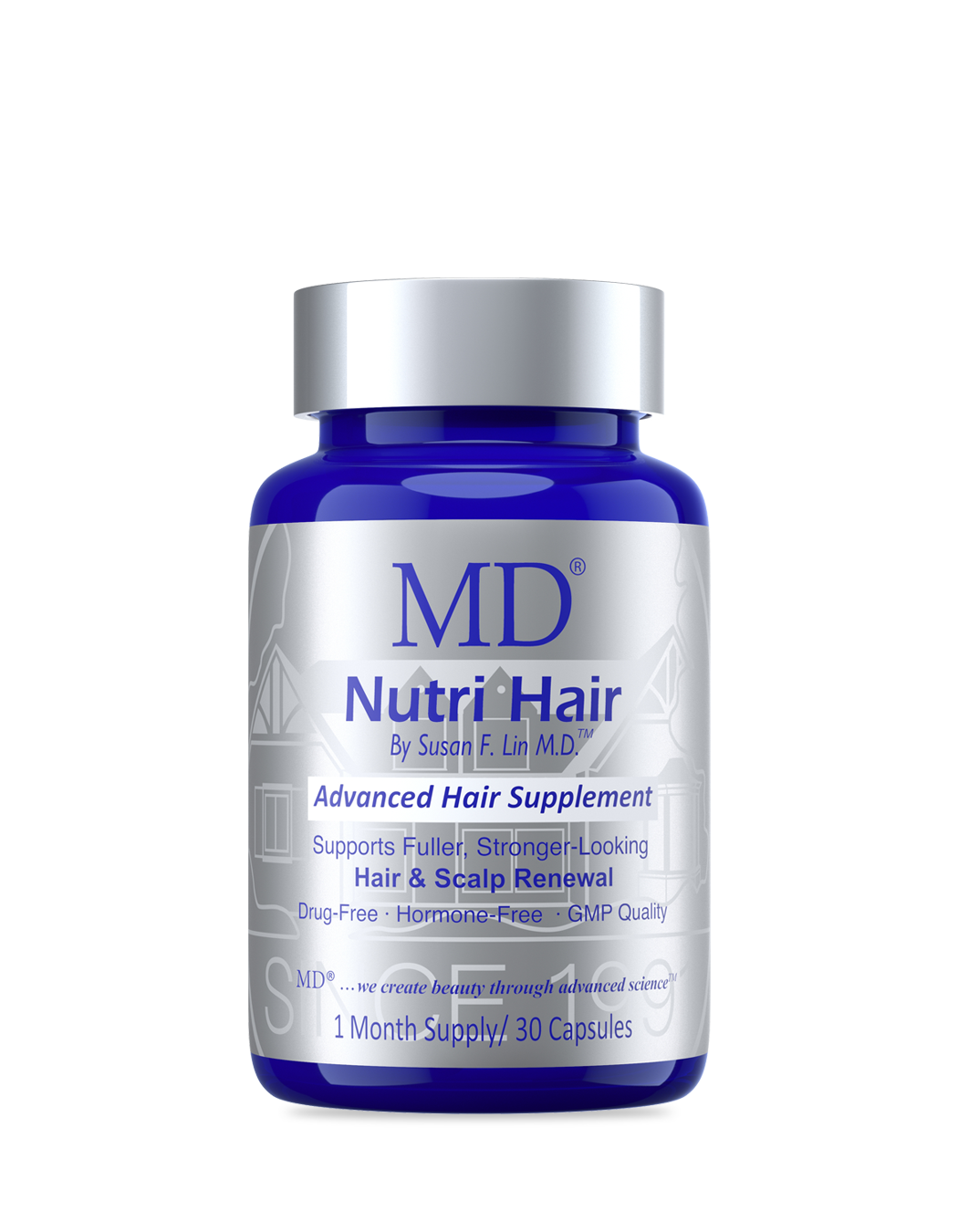 MD Nutri Hair™ supplement — calibrated biotin dose alongside marine collagen, lilac stem-cell extract, and flax seed lignans for keratin synthesis support, physician-formulated by Dr. Susan Lin, M.D.