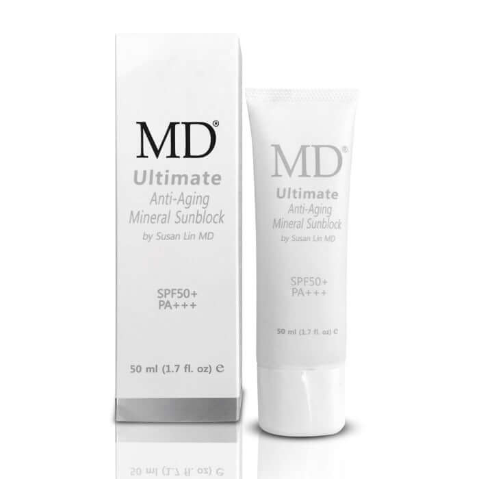 MD Ultimate Anti-Aging Mineral Sunblock SPF 50 in a sleek tube and box, perfect for protecting and rejuvenating skin.