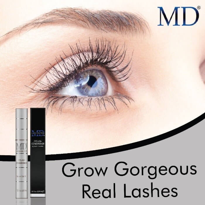 MD Lash Factor 6-month lash serum with product and text “Grow Gorgeous Real Lashes”