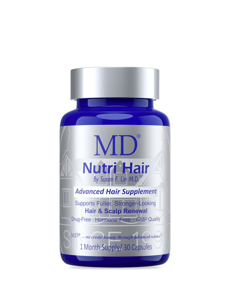 Supplement bottle labeled 'MD Nutri Hair' on a white background