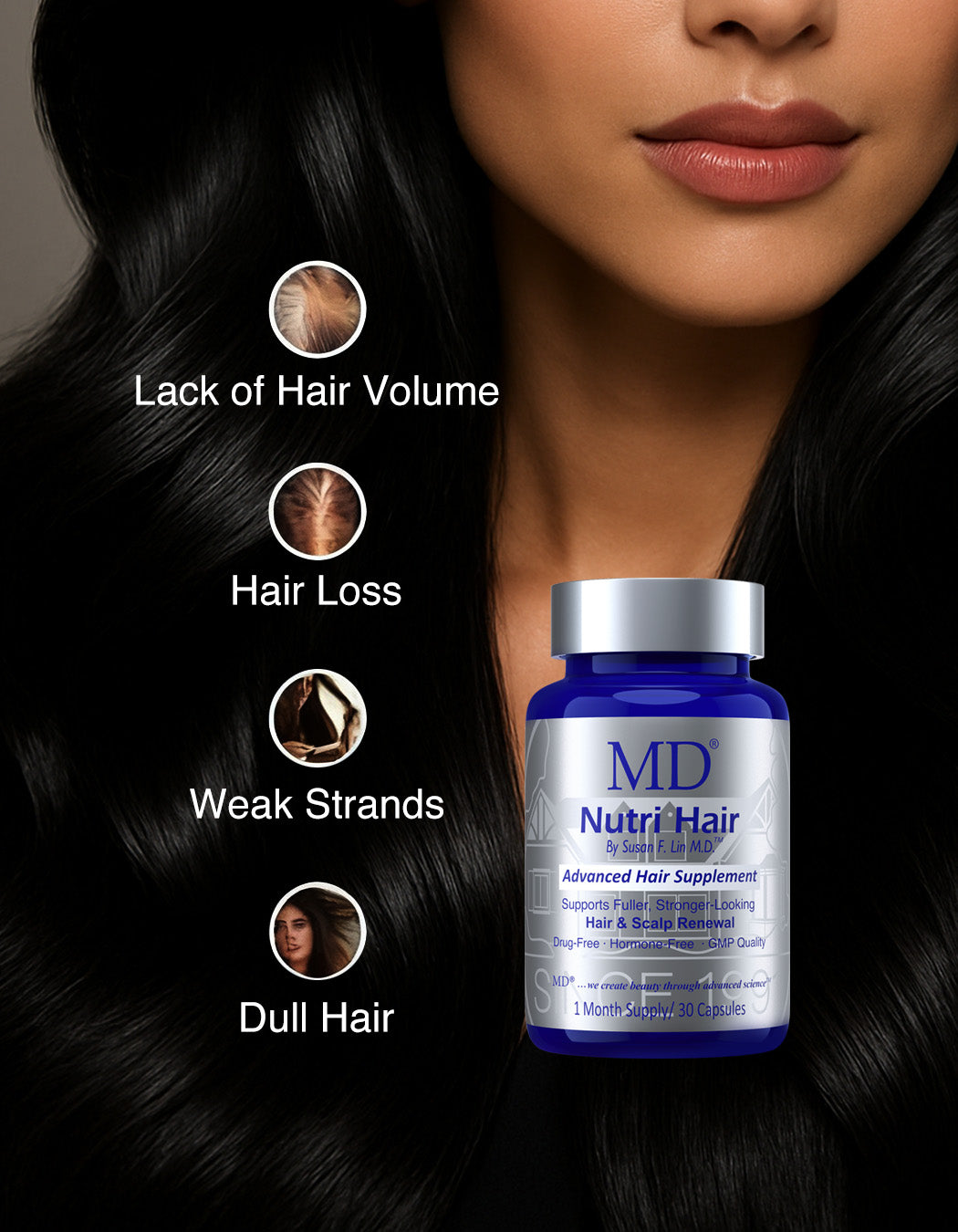 Graphic showing common hair concerns—lack of volume, hair loss, weak and dull hair—with MD® Nutri Hair supplement on the right as clean, drug‑free hair growth solution from MD Hair