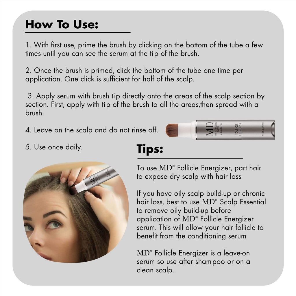 How to apply MD® Follicle Energizer using precision brush applicator directly to thinning scalp areas – from MD Hair collection