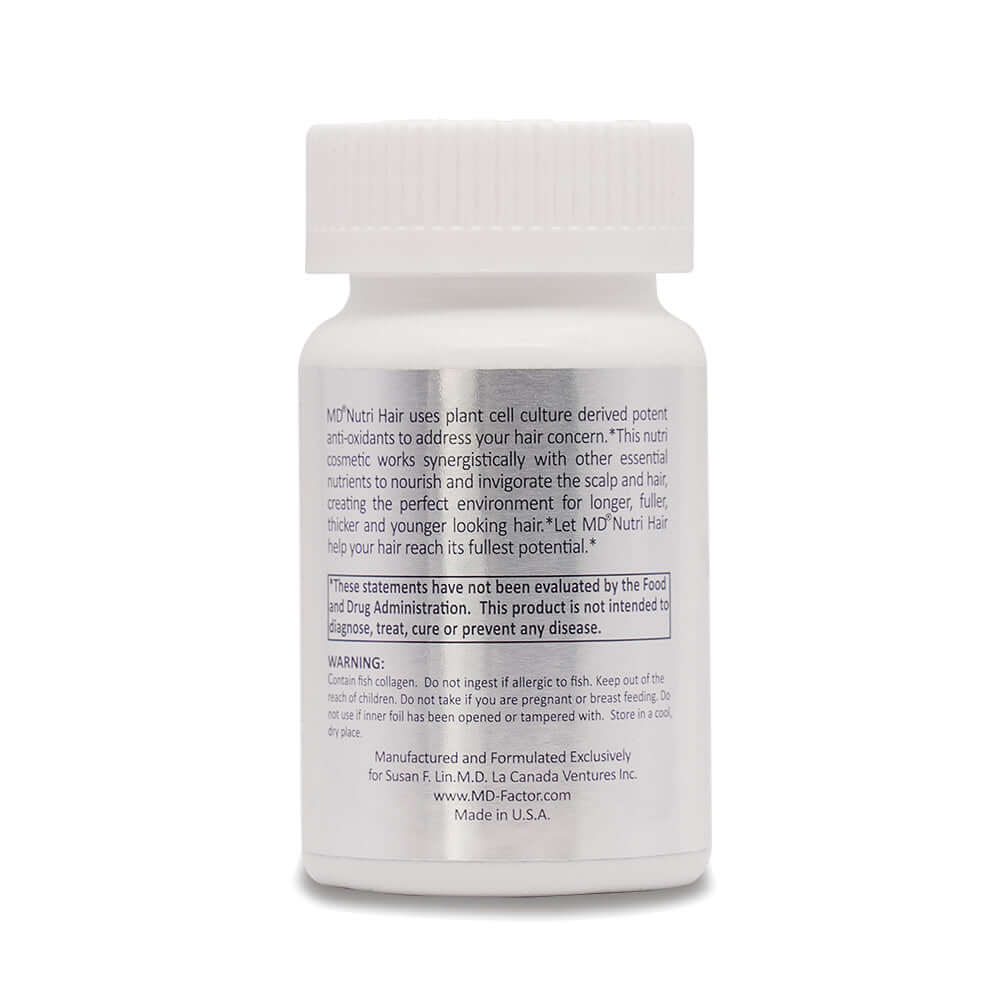 Back panel of MD Nutri Hair hair growth supplement showing ingredients, directions, and physician-formulated label for healthy hair.