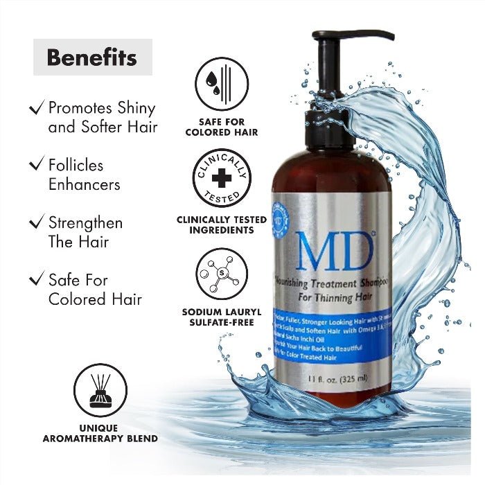 MD Nourishing Treatment Shampoo benefits: safe for color-treated hair, strengthens hair, supports shine, softness, follicles & aromatherapy blend