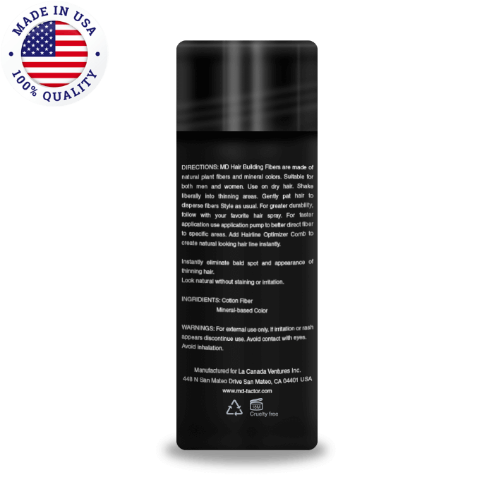 Back of MD Hair Building Fiber bottle – shows usage directions and natural keratin ingredients for hair thickening

