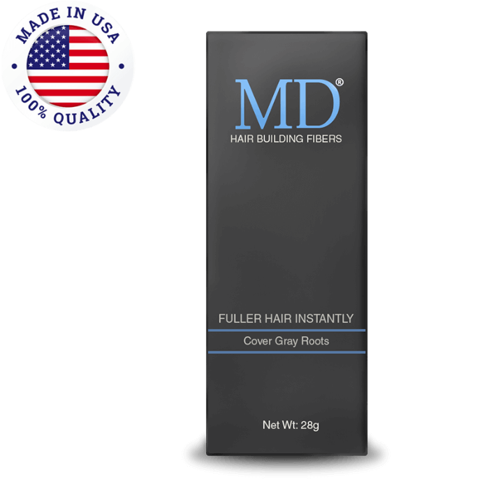 MD Hair Building Fiber box front – hair thickening powder for thinning hair, instant coverage, MD Hair category