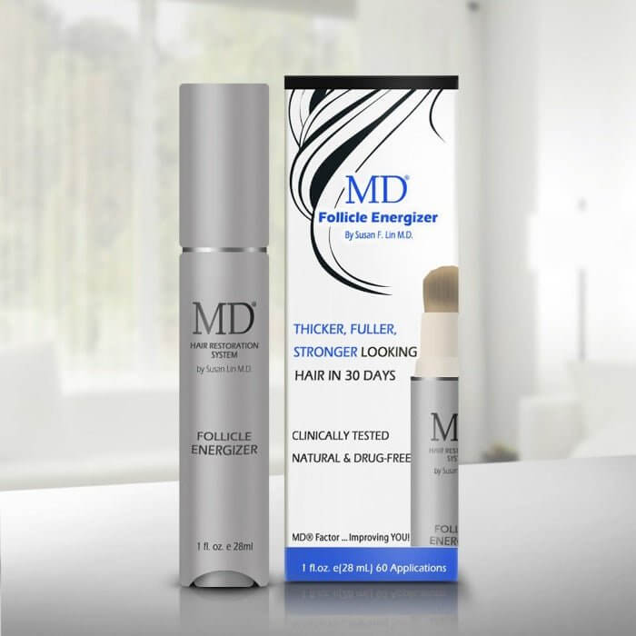 MD Hair Growth Serum Follicle Energizer with box shown together, advanced scalp care for thinning hair and healthy hair growth.