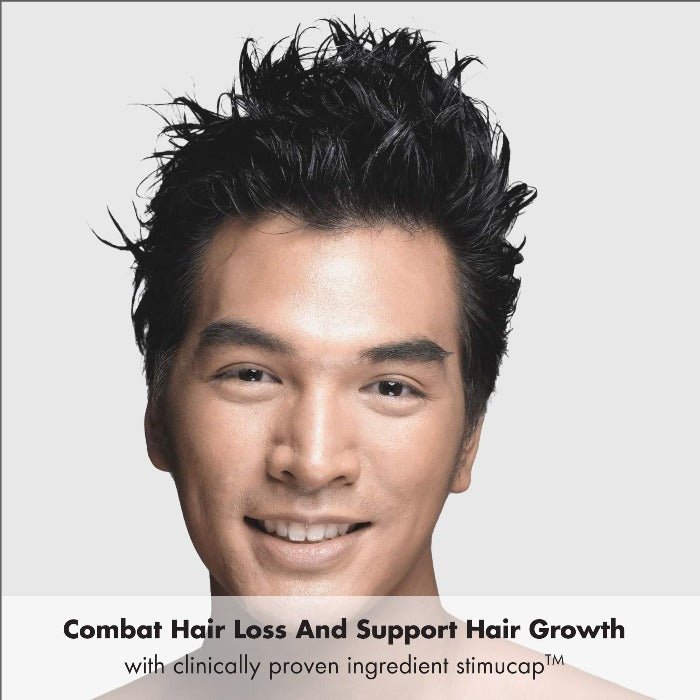 Man with thick, full hair after using MD Hair product with Stimucap—clinically proven to support hair growth and reduce hair loss