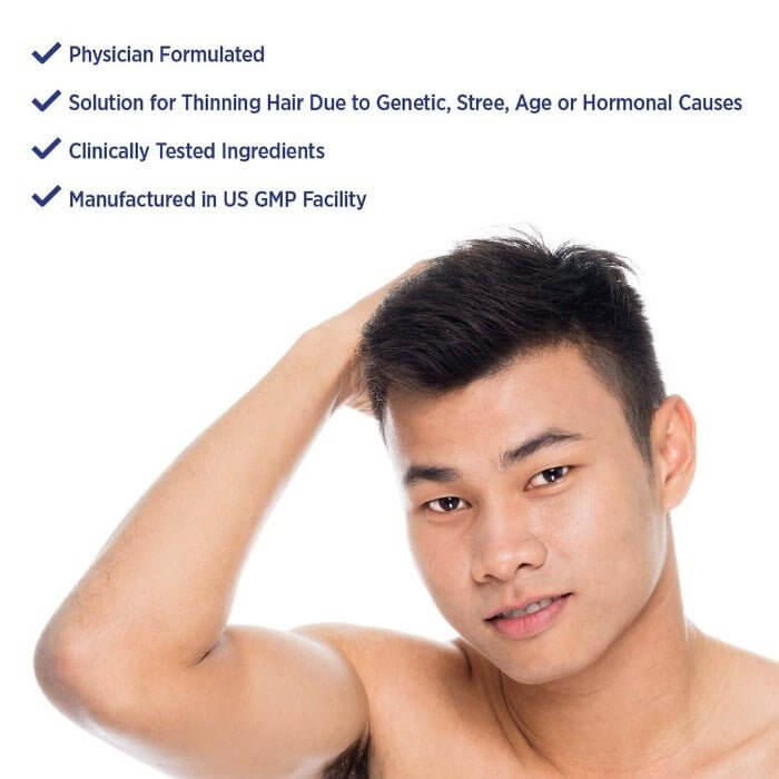 Male model with MD Nutri Hair from MD Hair—physician formulated in USA, made in GMP facility, solution for age, hormonal, and genetic hair loss

