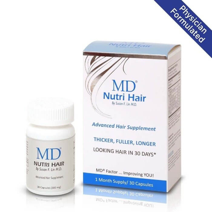 MD Nutri Hair from MD Hair—physician-formulated supplement with box shown. Supports scalp health for fuller, beautiful hair

