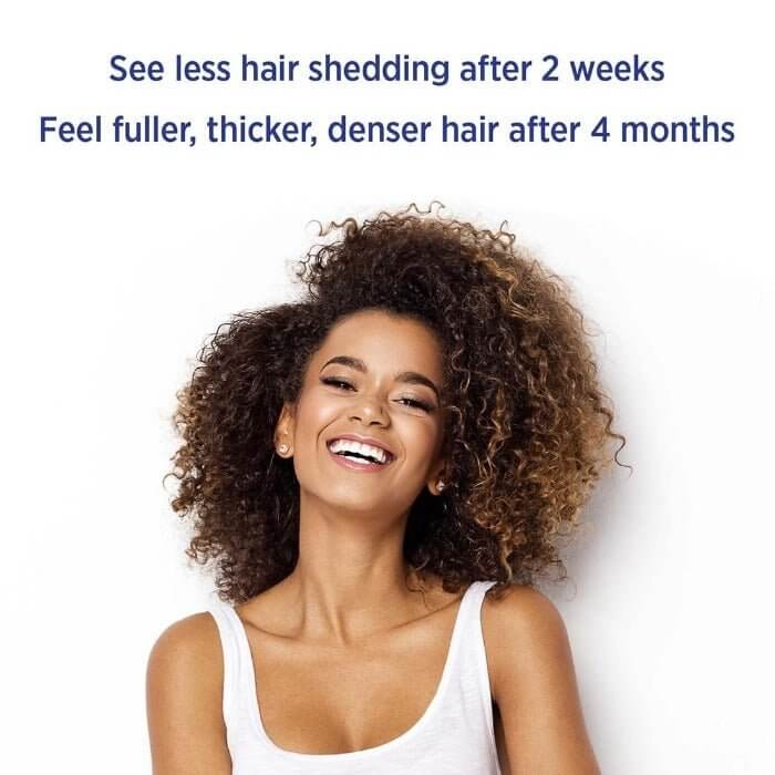 Woman with fuller hair using MD Nutri Hair from MD Hair—less shedding in 2 weeks and visibly thicker hair in 4 months

