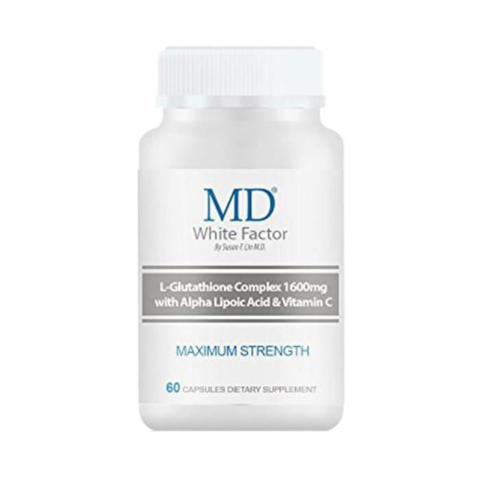 MD White Factor bottle front view – skin whitening and detox supplement with glutathione, vitamin C, and ALA